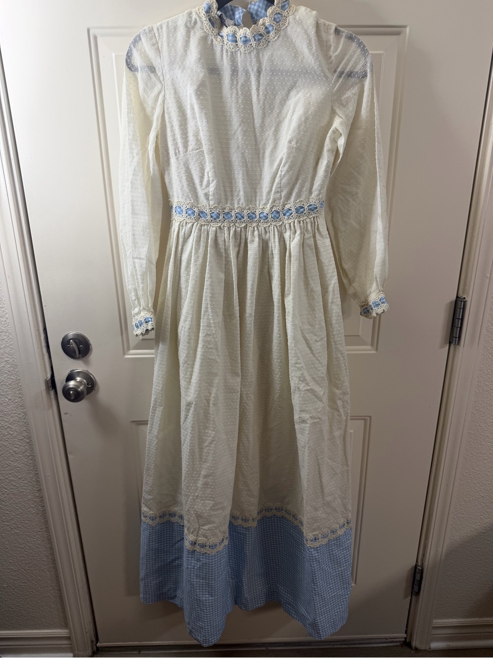 Vintage Prairie Cottagecore Maxi Dress Blue Gingham Lace Trim XS/S 0129
